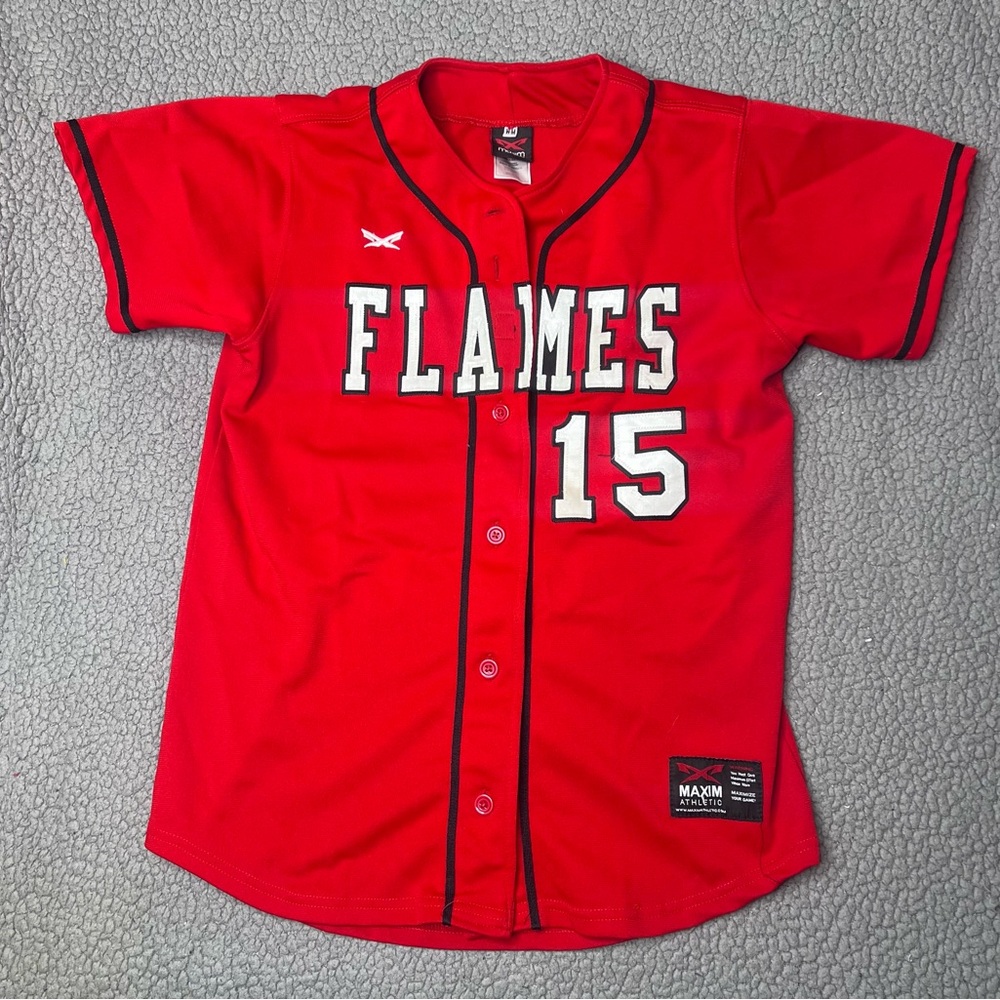 Vintage Flames Button Up Baseball Jersey Womens Size Medium Red And Black 15